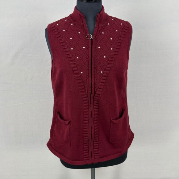 Emotions Womens M Burgundy Zip Front Sweater Vest Embellished Pearls Pockets - Picture 1 of 9